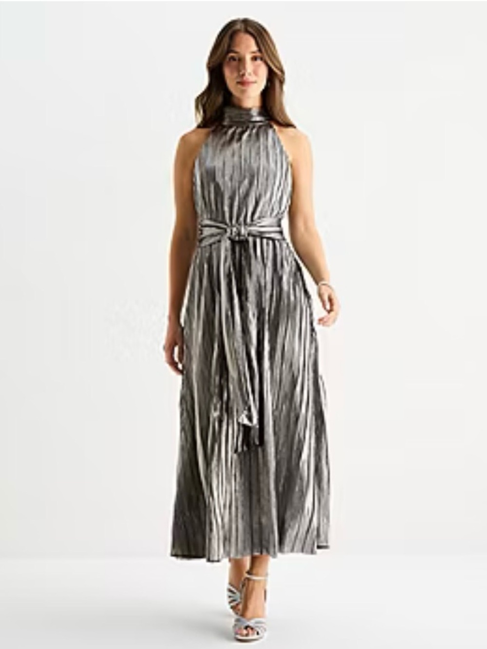 Willow Glenn Metallic Pleated Halter Maxi Dress in Silver size 6